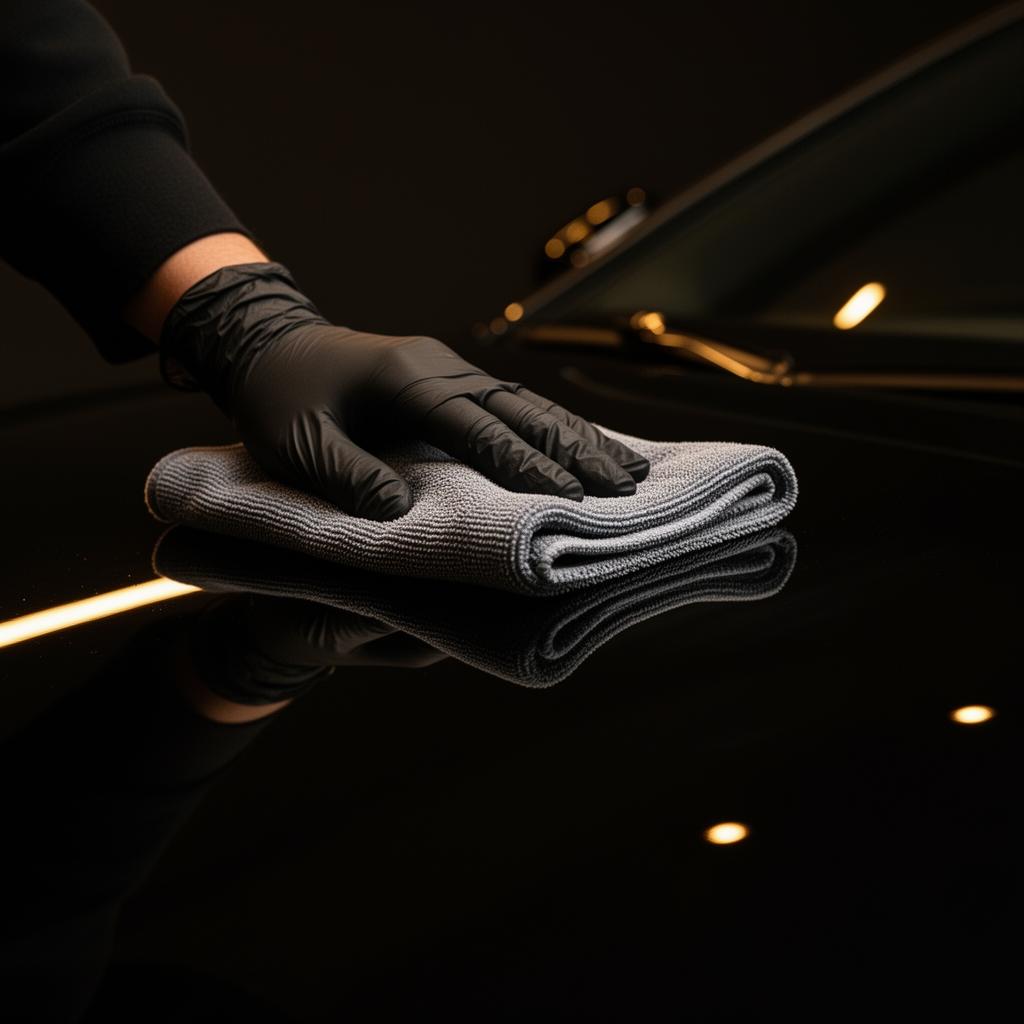 A gloved hand polishing a car surface with a microfiber cloth