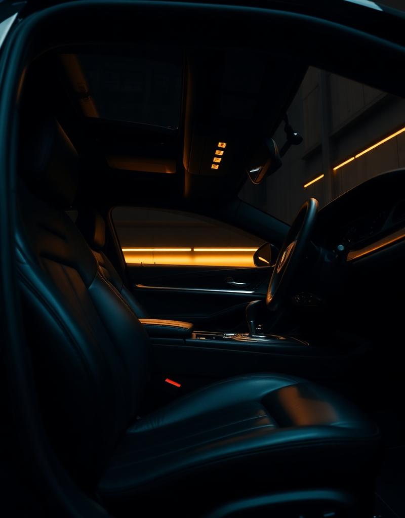 Clean leather interior of a detailed car under warm lighting