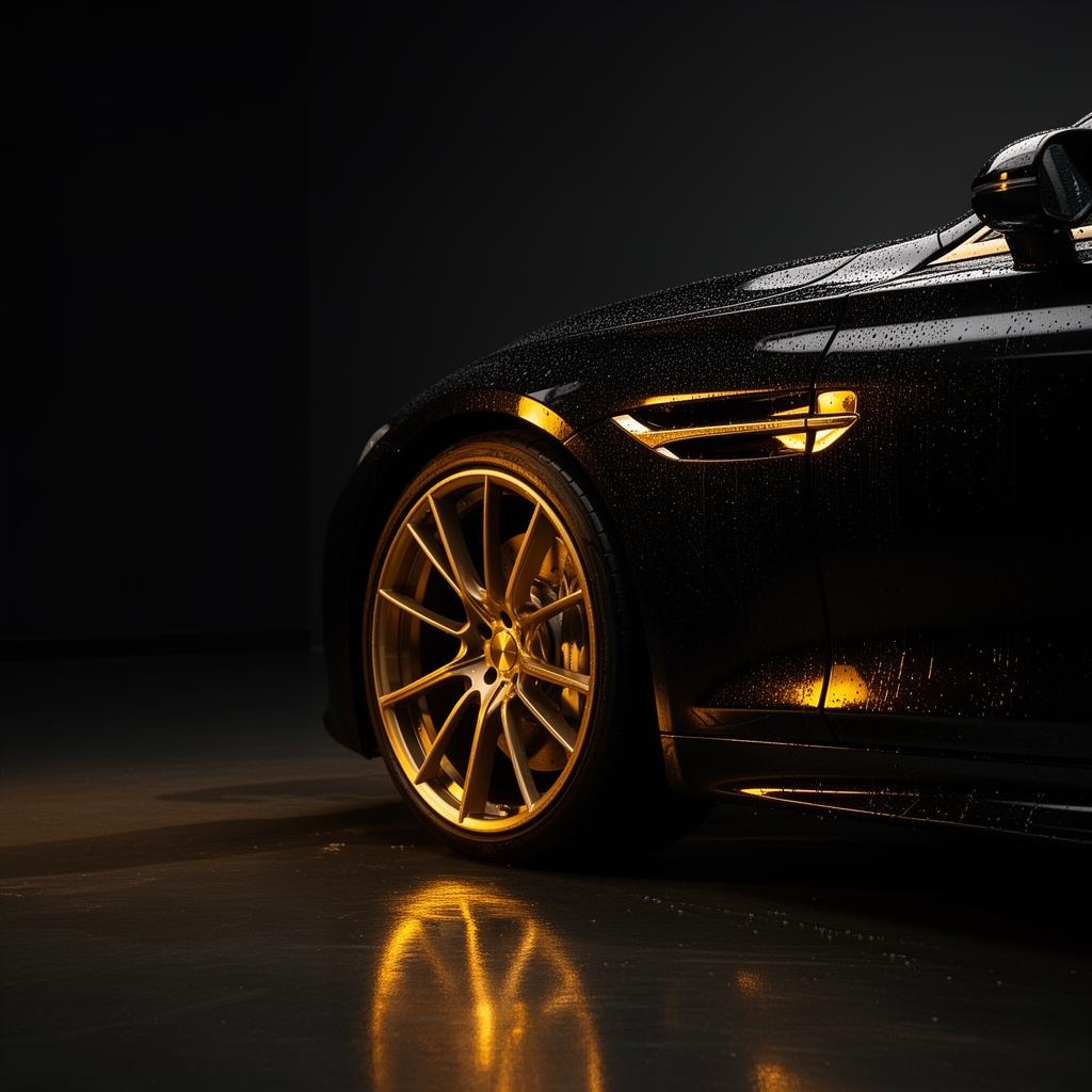 A glossy black car detailed under warm studio lighting